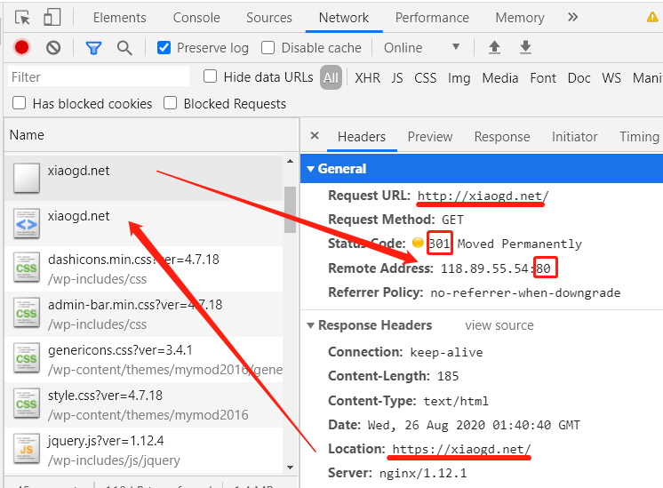 xiaogdnet http 80 301 redirect to https 443